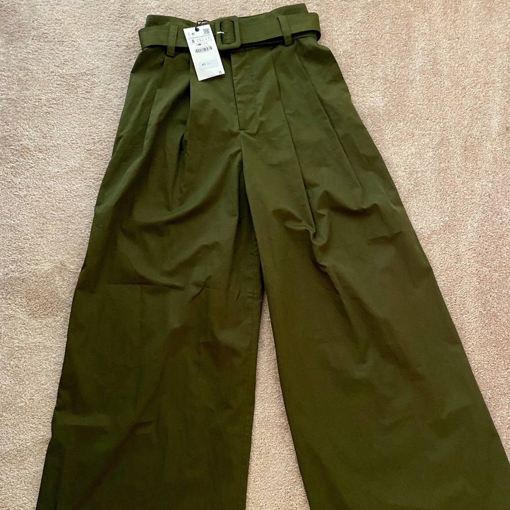 Zara Olive Green Wide Leg Belted Trousers